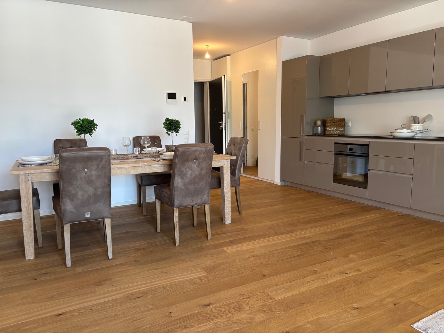 The image shows an open-plan living room and kitchen area with a dining table and chairs. The kitchen features gray cabinets and appliances, including a dishwasher. The living room has a wooden dining table with chairs, and there are potted plants on the
