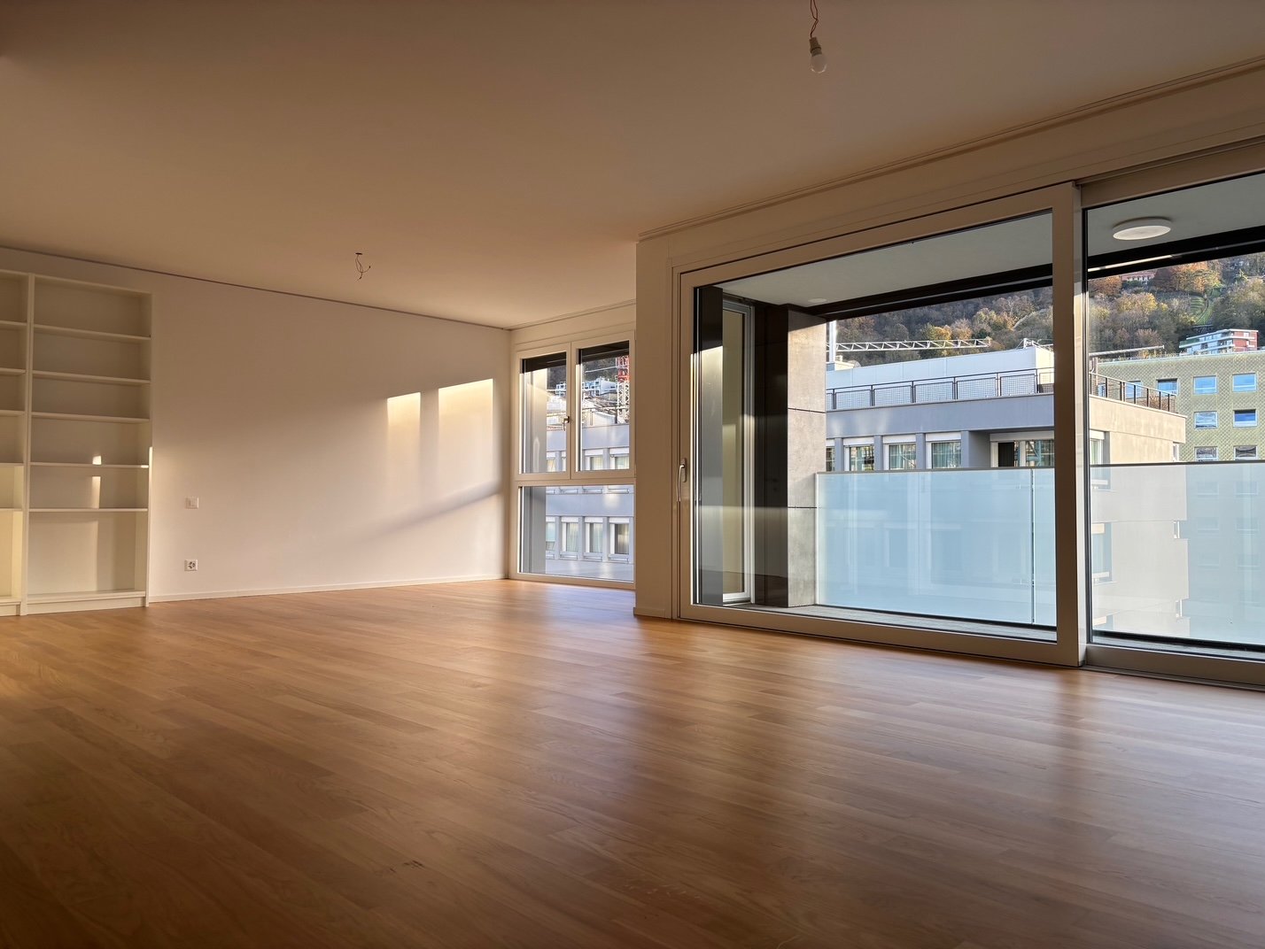 wooden floor, empty room, large sliding glass doors with balcony, tall white shelves