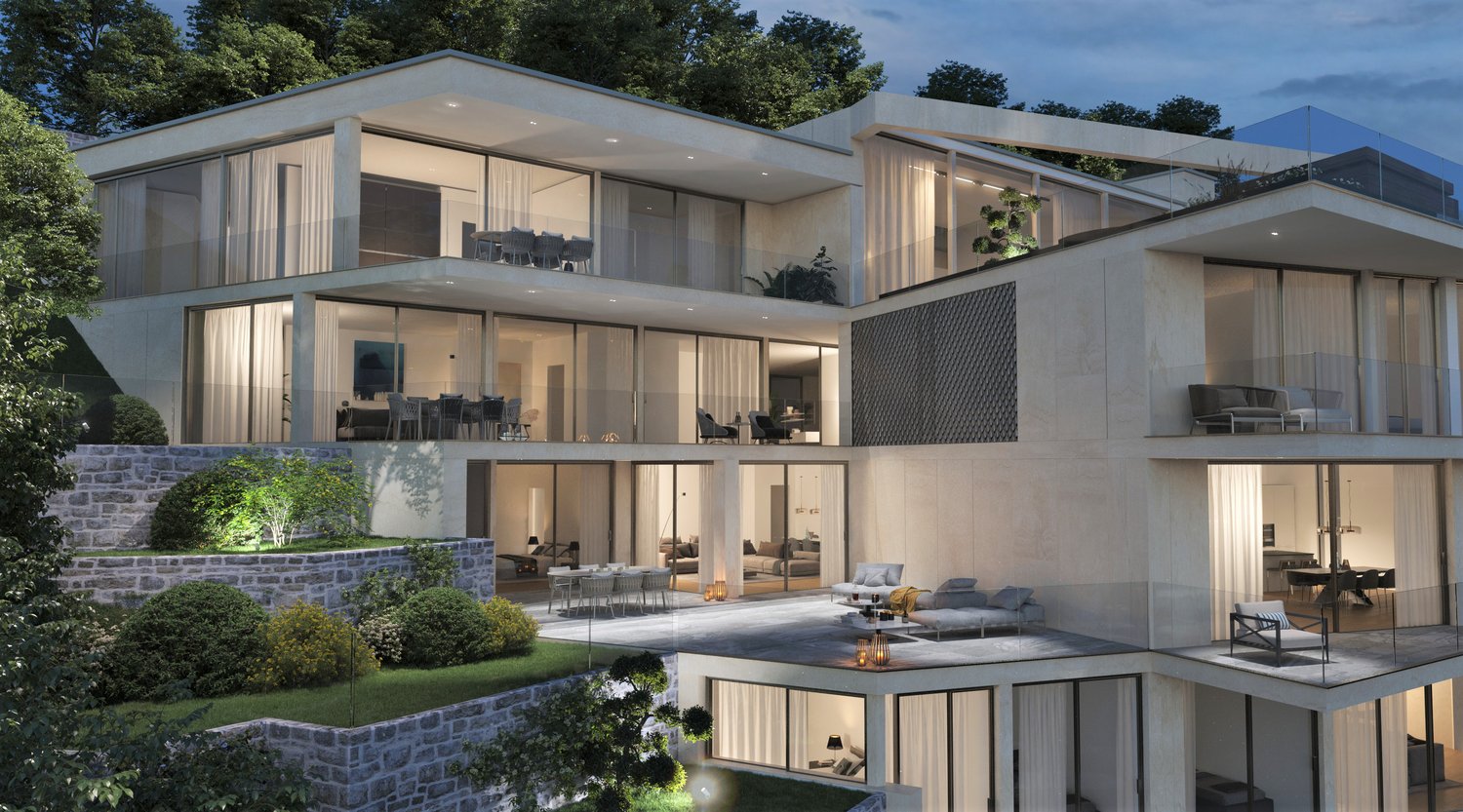 Modern 3-story apartment building, concrete exterior, floor-to-ceiling windows, balconies, green terraces, elegant landscaping