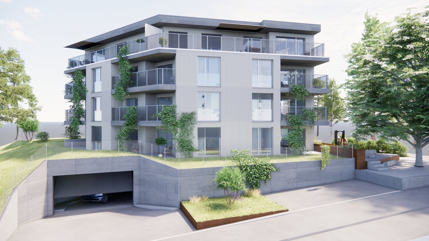 3-story residential building with balconies, large windows, underground parking