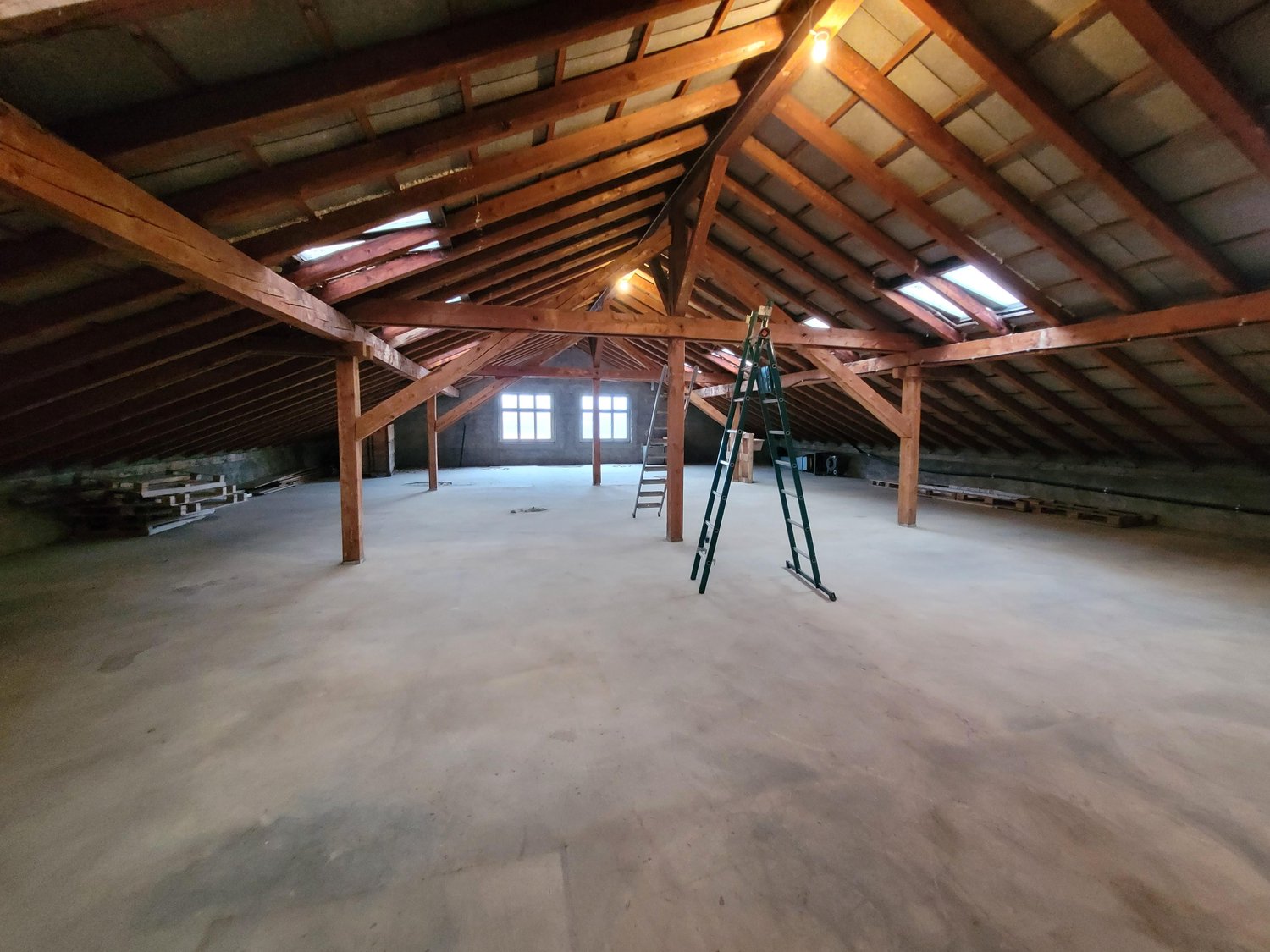 unfinished attic with wooden beams, two windows, two ladders, and a concrete floor
