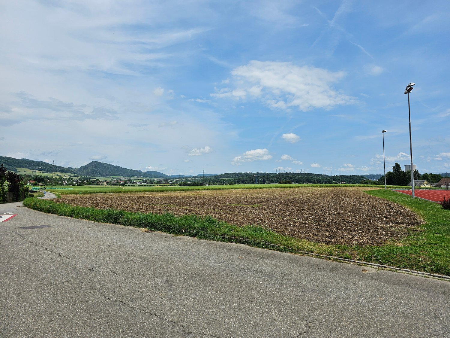A road with some grass and a field of crops with hills in the distance.