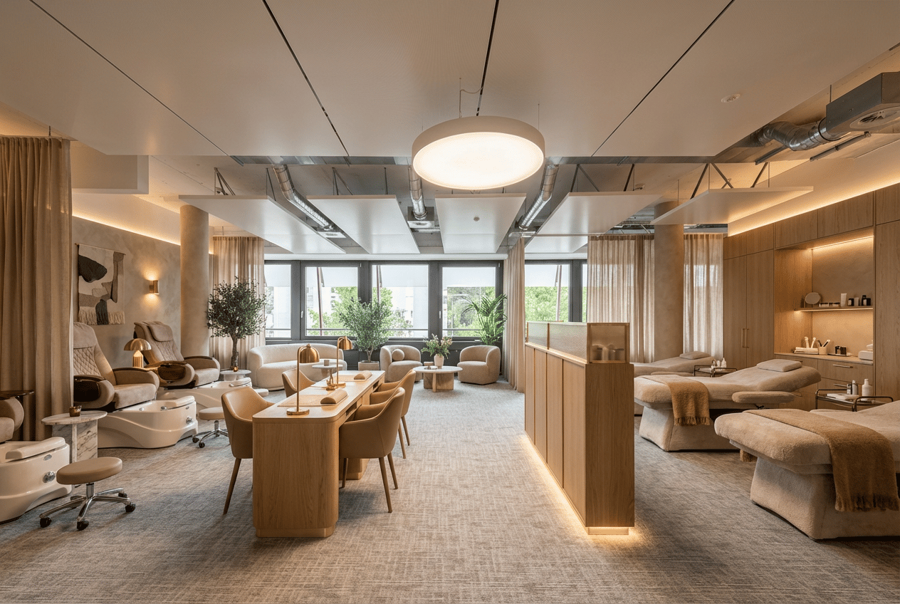 Lighting from ceiling and wall, couches, massage tables, tables, chairs, plants