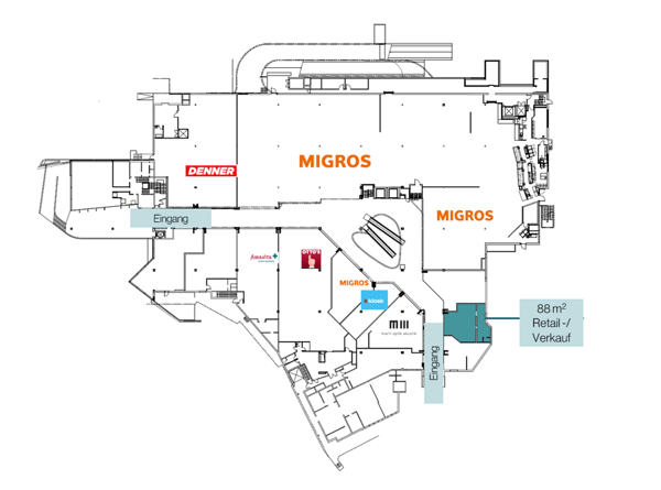 88 m² Retail-/Verkaufsfläche neben Eingang 4