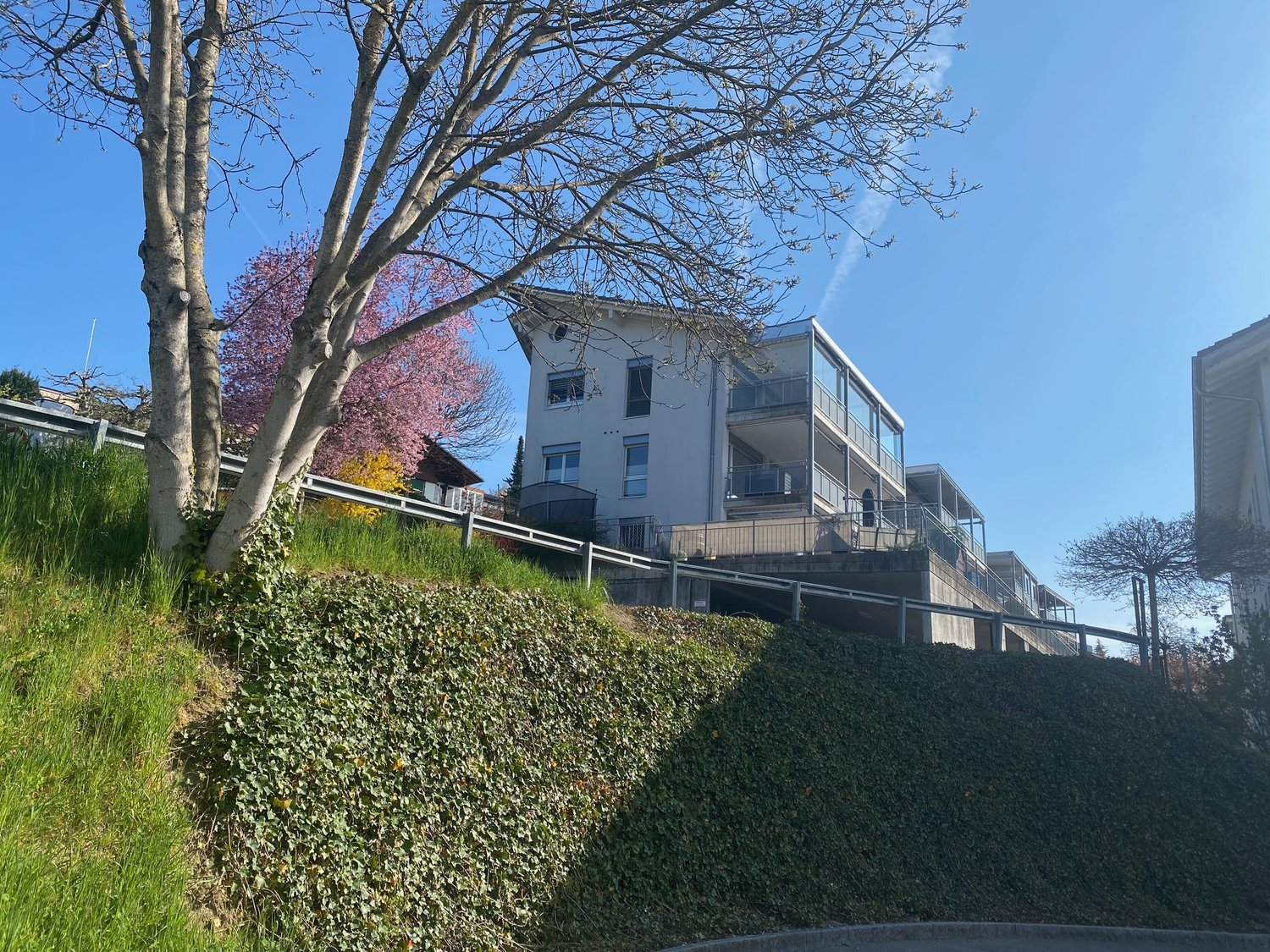 residential apartment building, raised ground floor, multiple balconies, surrounded by greenery