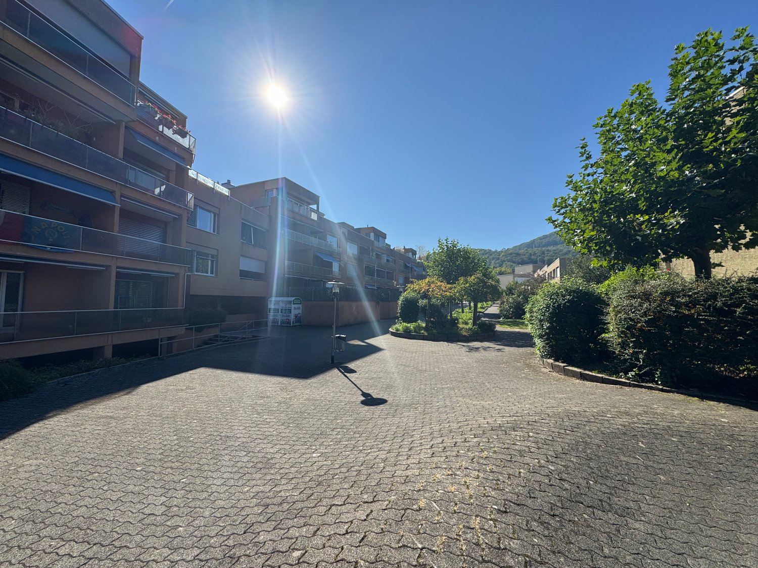 multi-story building with balconies, paved driveway, trees, and bushes