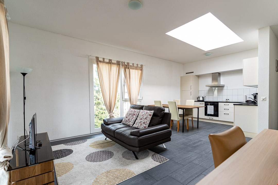 dark leather sofa, round coffee table, large rug, large white windows, white kitchen with kitchen island and breakfast table