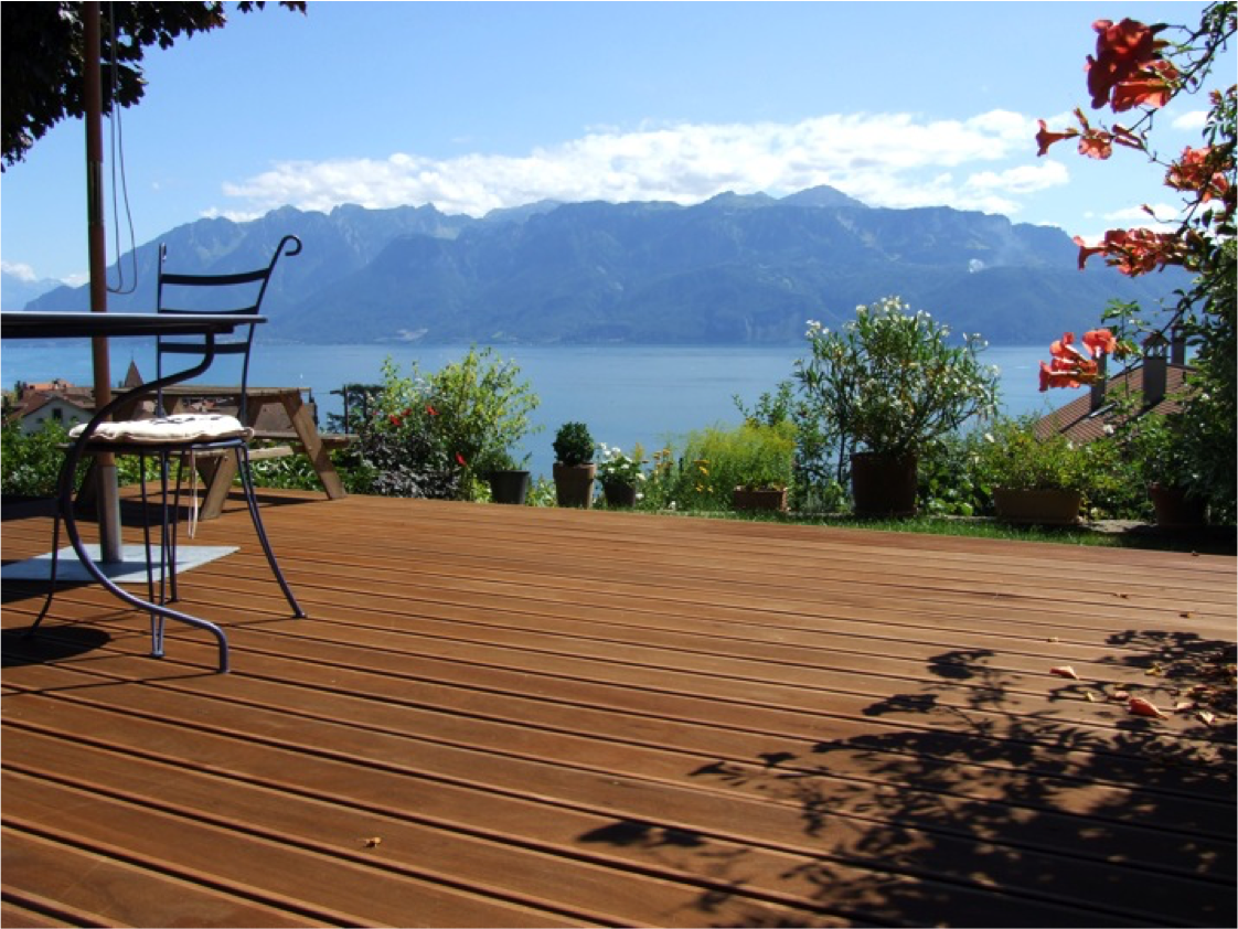 Wooden deck, outdoor table, outdoor chair, multiple potted plants, view of a lake and mountains