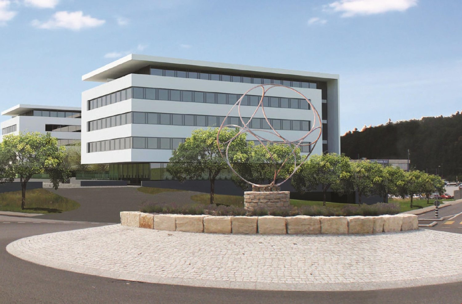 Modern office building, 2 story, white paint, glass windows, trees in front, sculpture in the center, paved road