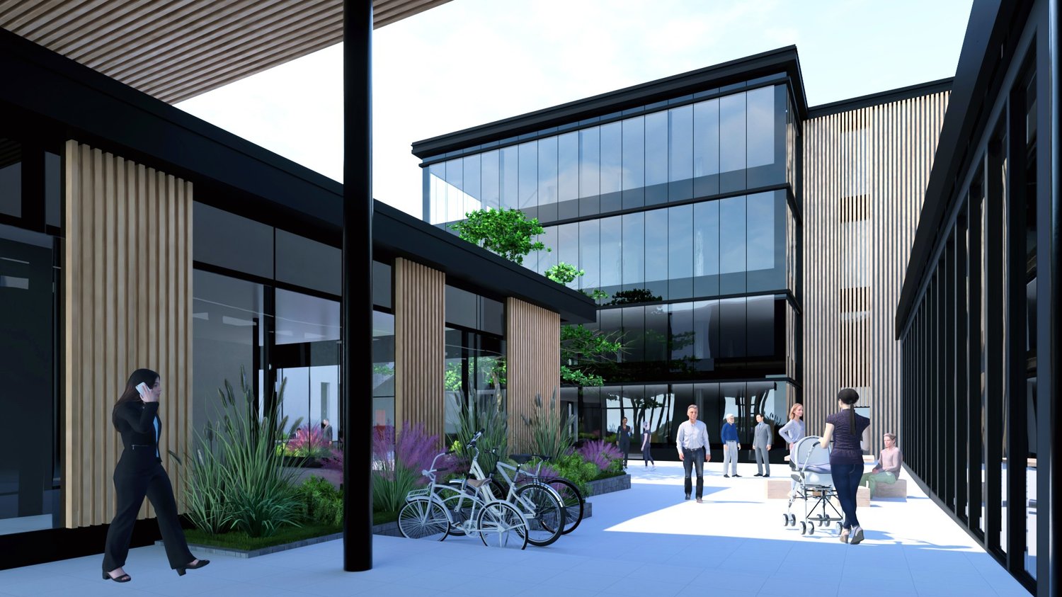 glass facade, modern design, plants, bicycles, multiple entrances, people walking, bicycles parked