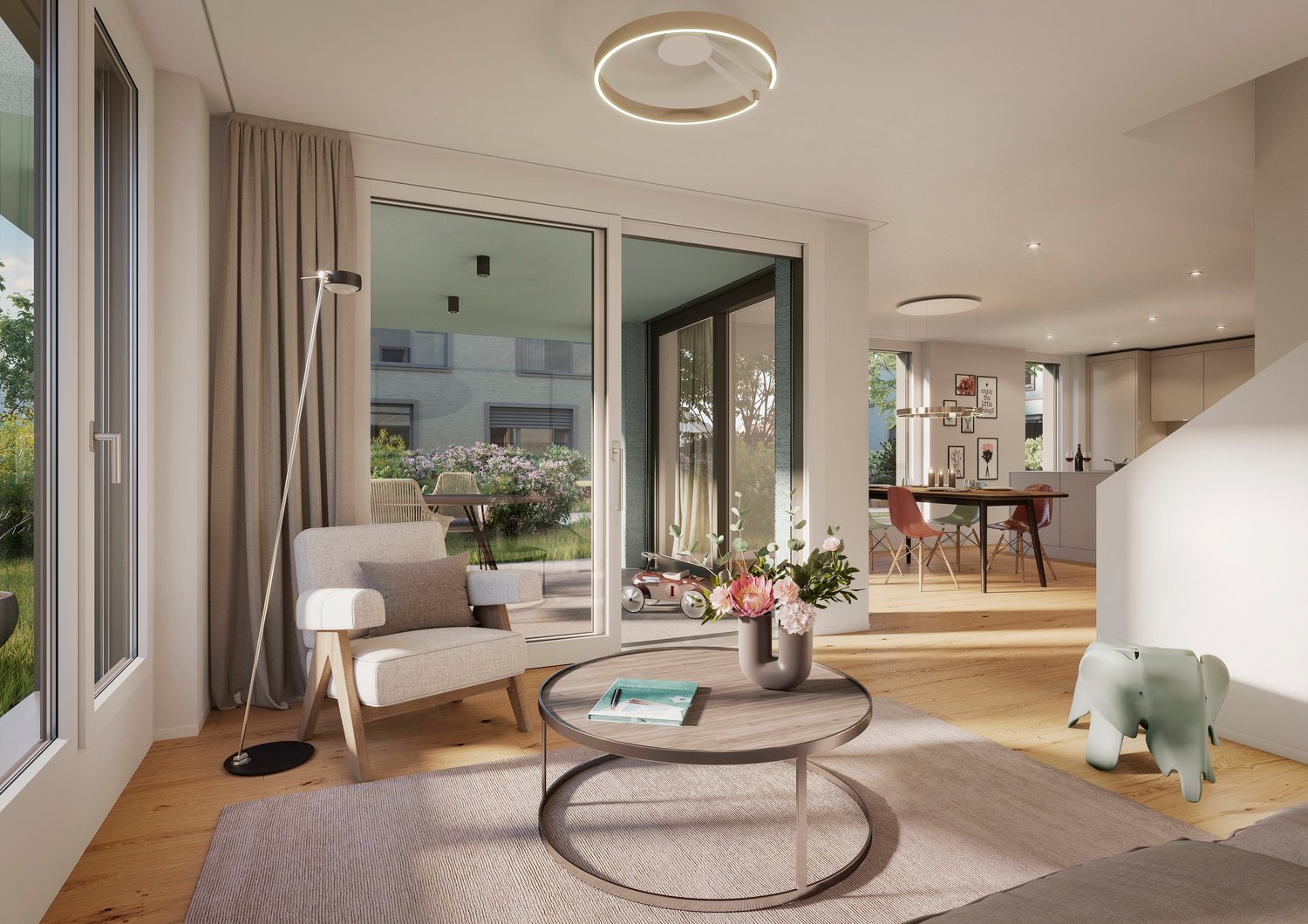 modern living room with wooden floor, large windows, sliding glass doors, balcony, round coffee table, flowers, round ceiling lamp, floor lamp, rug, elephant toy, dining table, chairs