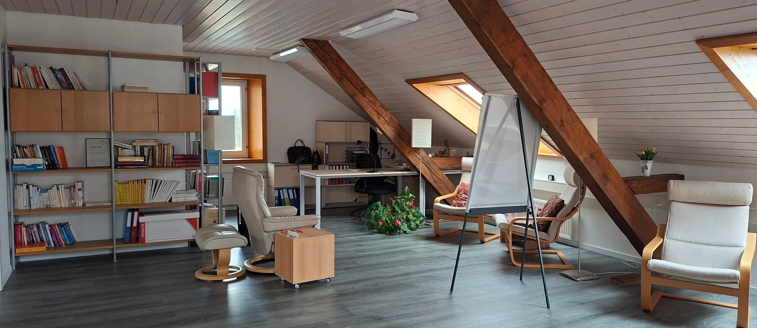 Bookshelves, desk, office chair, whiteboard, radiator, windows