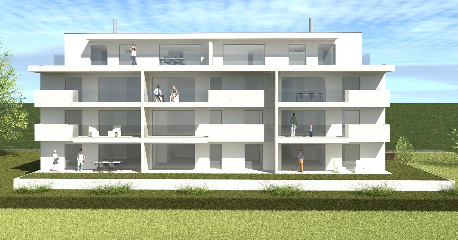 4-story modern apartment building with white exterior, large windows, and balconies on each floor