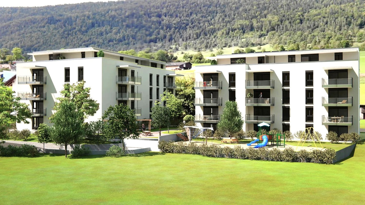 Two apartment buildings, modern architecture, large balconies, open green spaces, playground