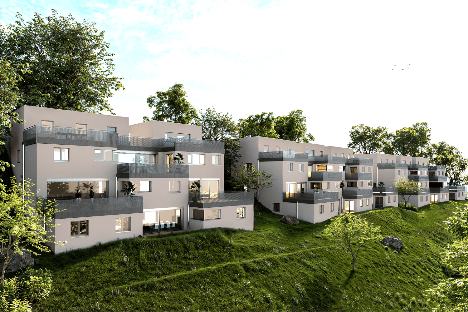 Modern residential building complex with multiple balconies