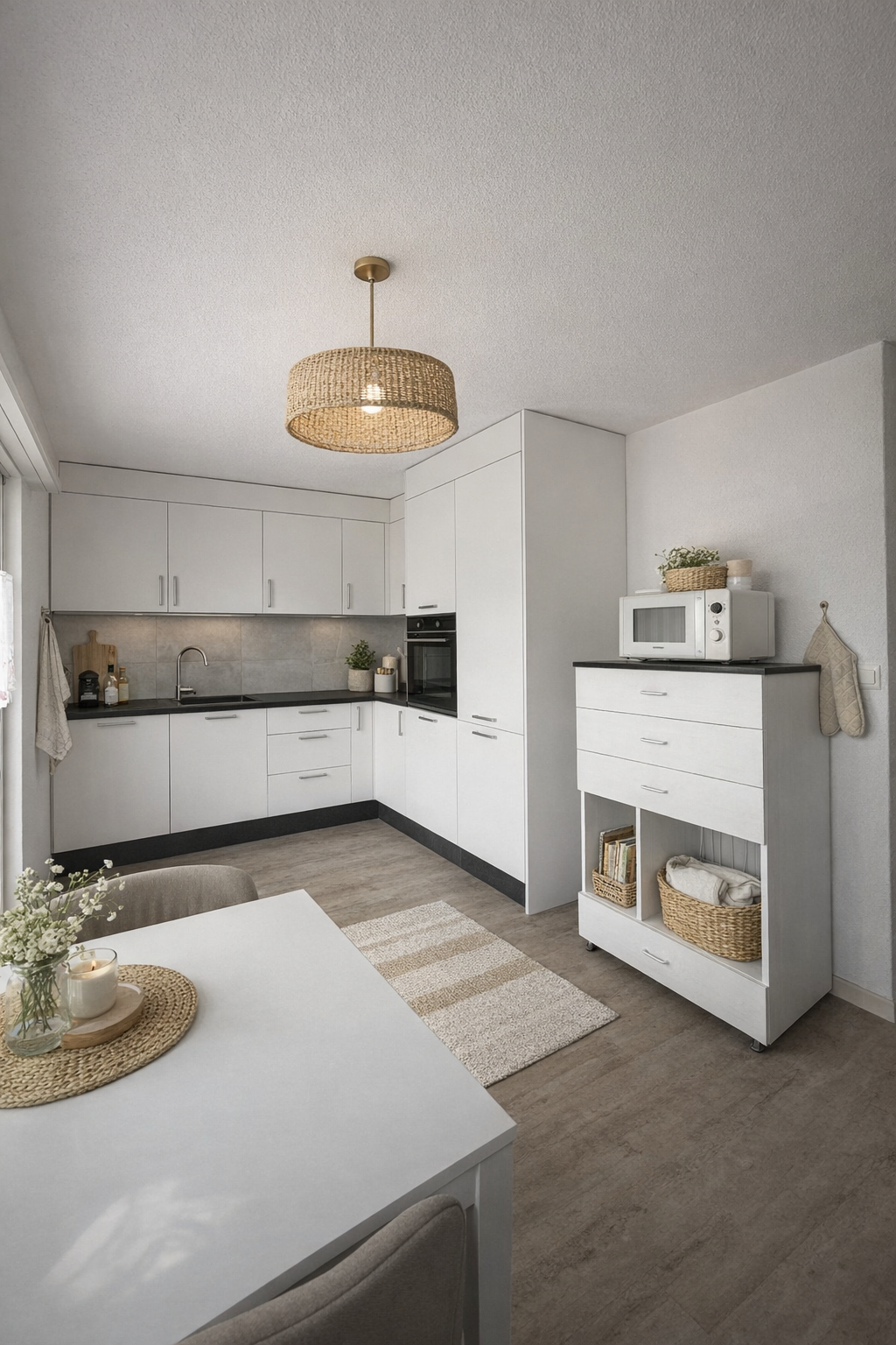 modern kitchen with white cabinets, black countertops, microwave, oven, sink, faucet, wooden floor, dining table, chairs, decorative items