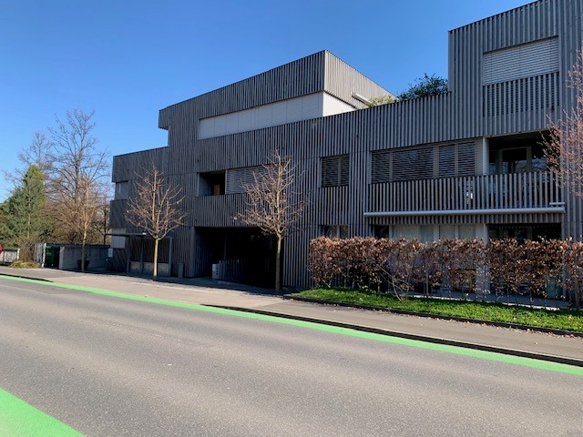 Modern building, gray exterior, multiple windows, entrance with garage, trees, bushes, road