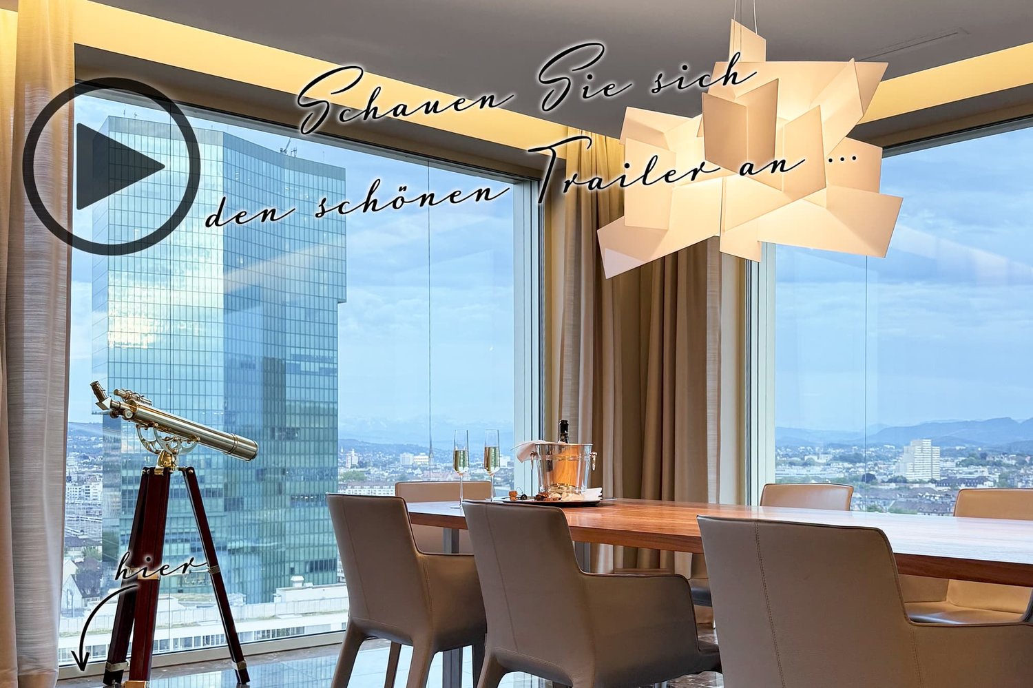 Luxury dining room with large windows offering a panoramic view of the city skyline. The room features a wooden dining table with chairs, a telescope, and a champagne bucket on the table. The room has a modern and elegant decor.