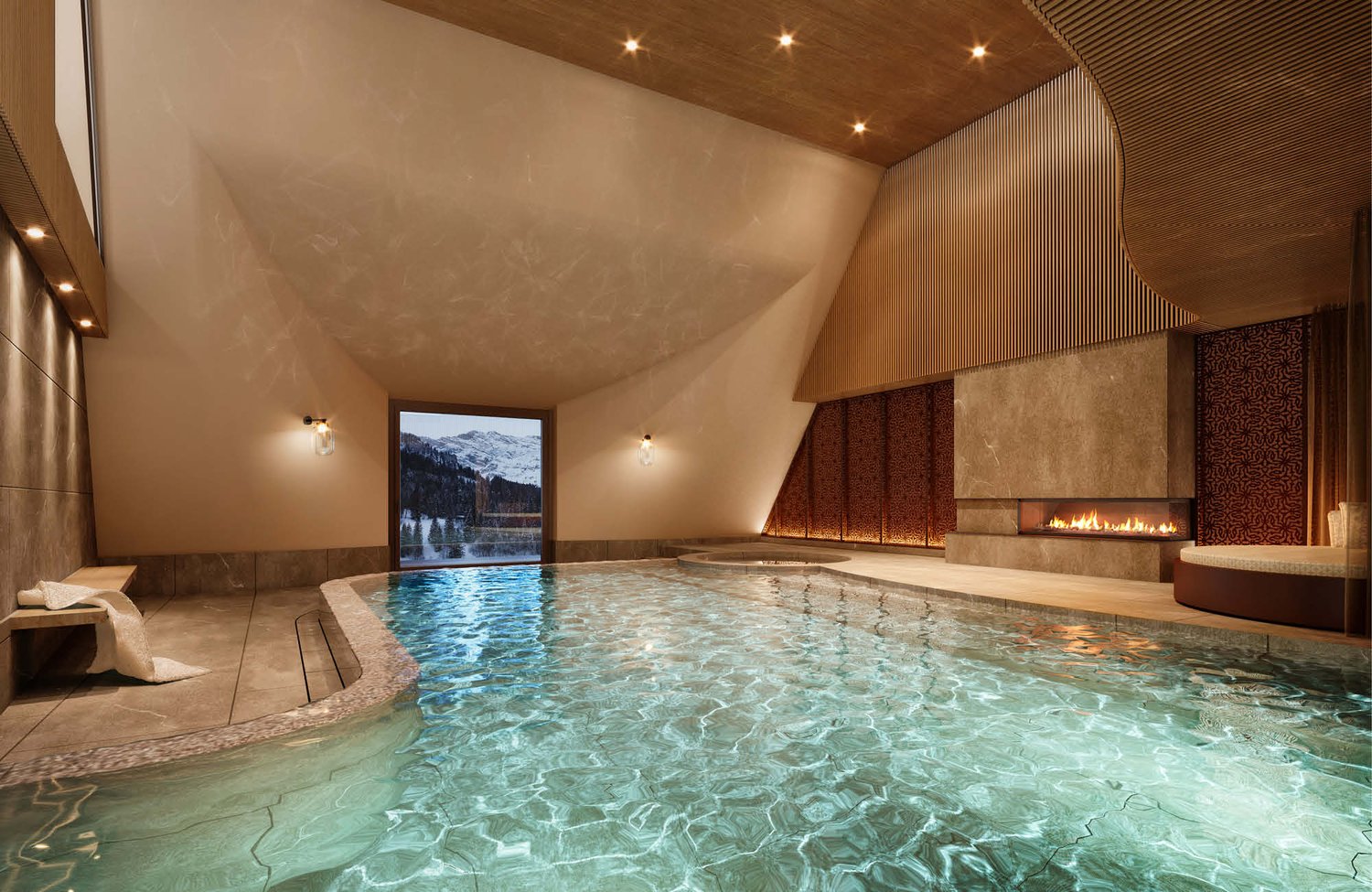 A swimming pool in a room with a fireplace and view