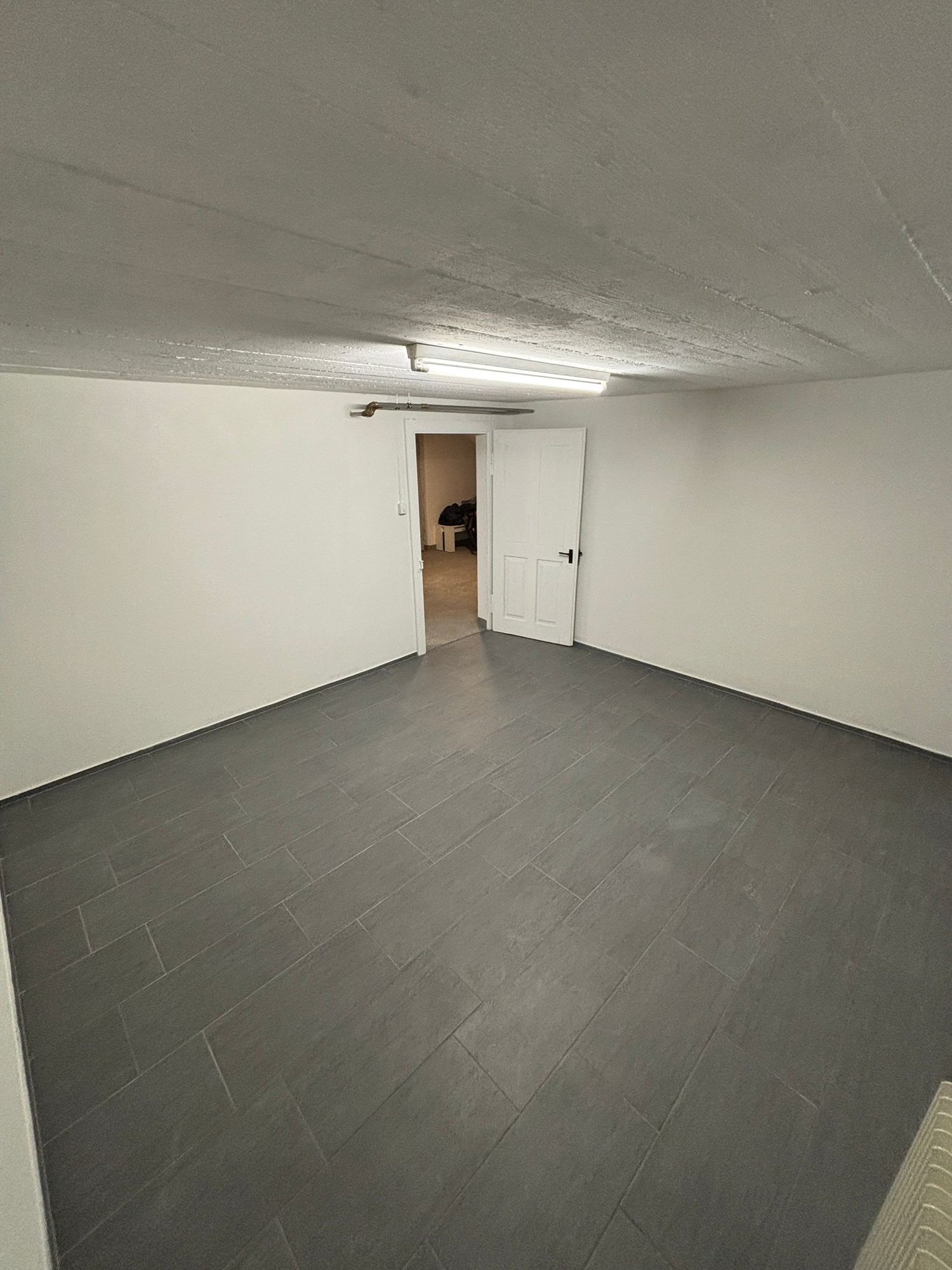 empty room, white walls, gray tiled floor, white door, fluorescent light