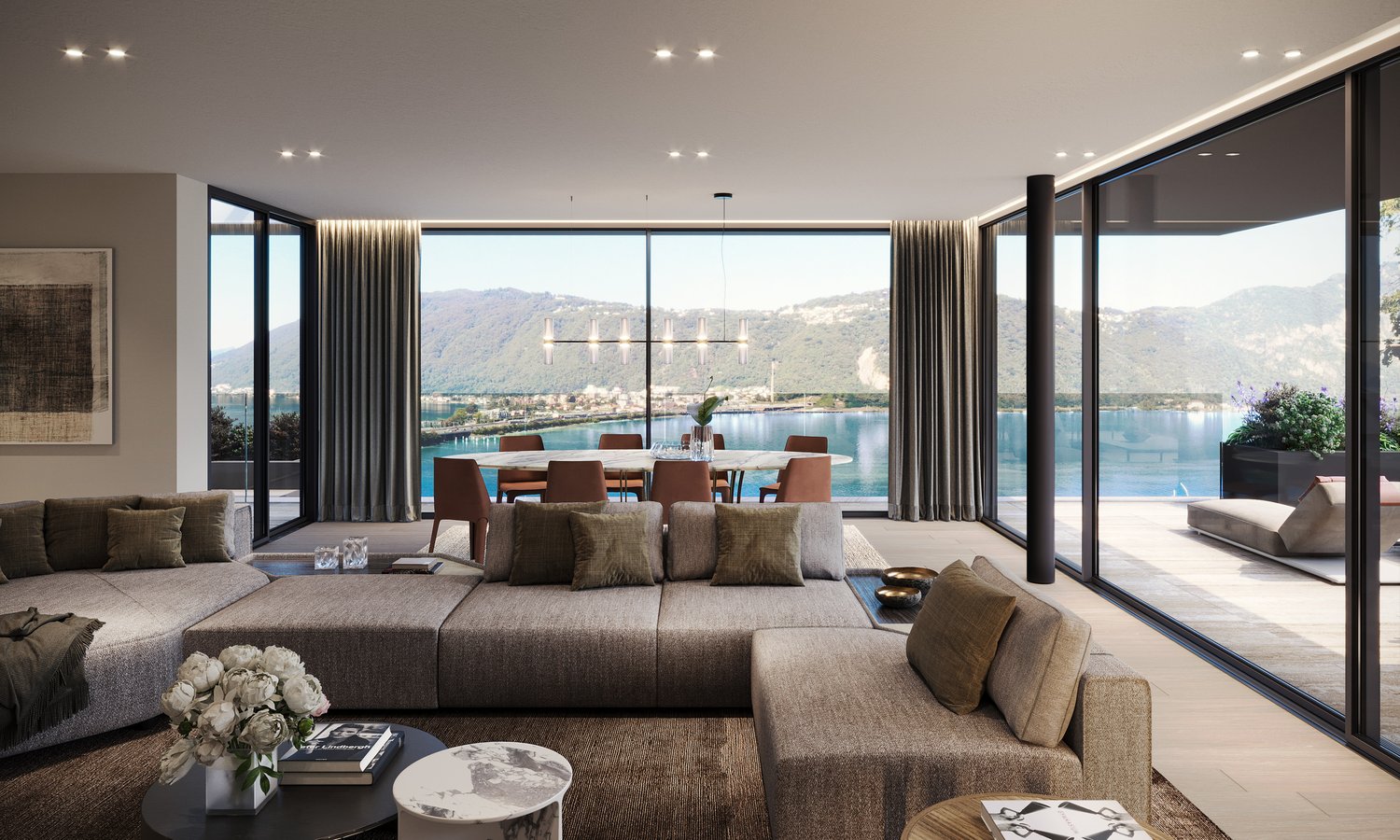 large windows, modern design, large sofa, dining table, view of the lake