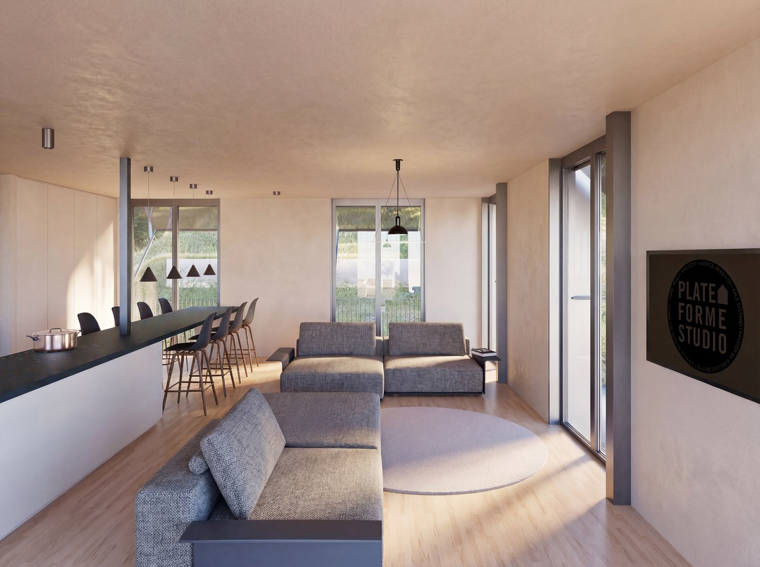 modern design, large windows, gray couches, round rug, kitchen island, bar stools, pendant lights, black sign