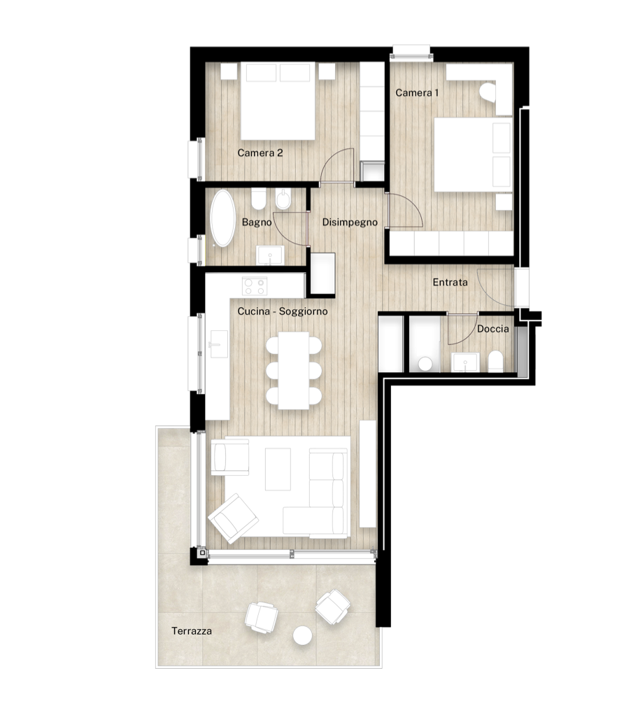 2 bedrooms, 2 bathrooms, kitchen, dining area, living room, terrace