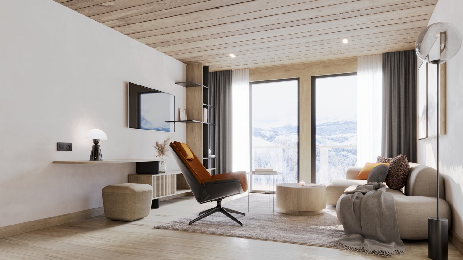 The image shows a modern and cozy living room with a large window overlooking a snowy mountain landscape. The room features a wooden ceiling with recessed lighting, a comfortable-looking leather armchair, and a wooden media console with a mounted TV. The