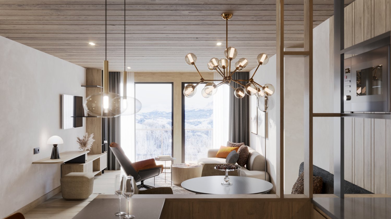 Cozy living room with large windows overlooking a snowy landscape, wood-paneled ceiling, modern chandelier, leather armchair, round coffee table, and a fireplace