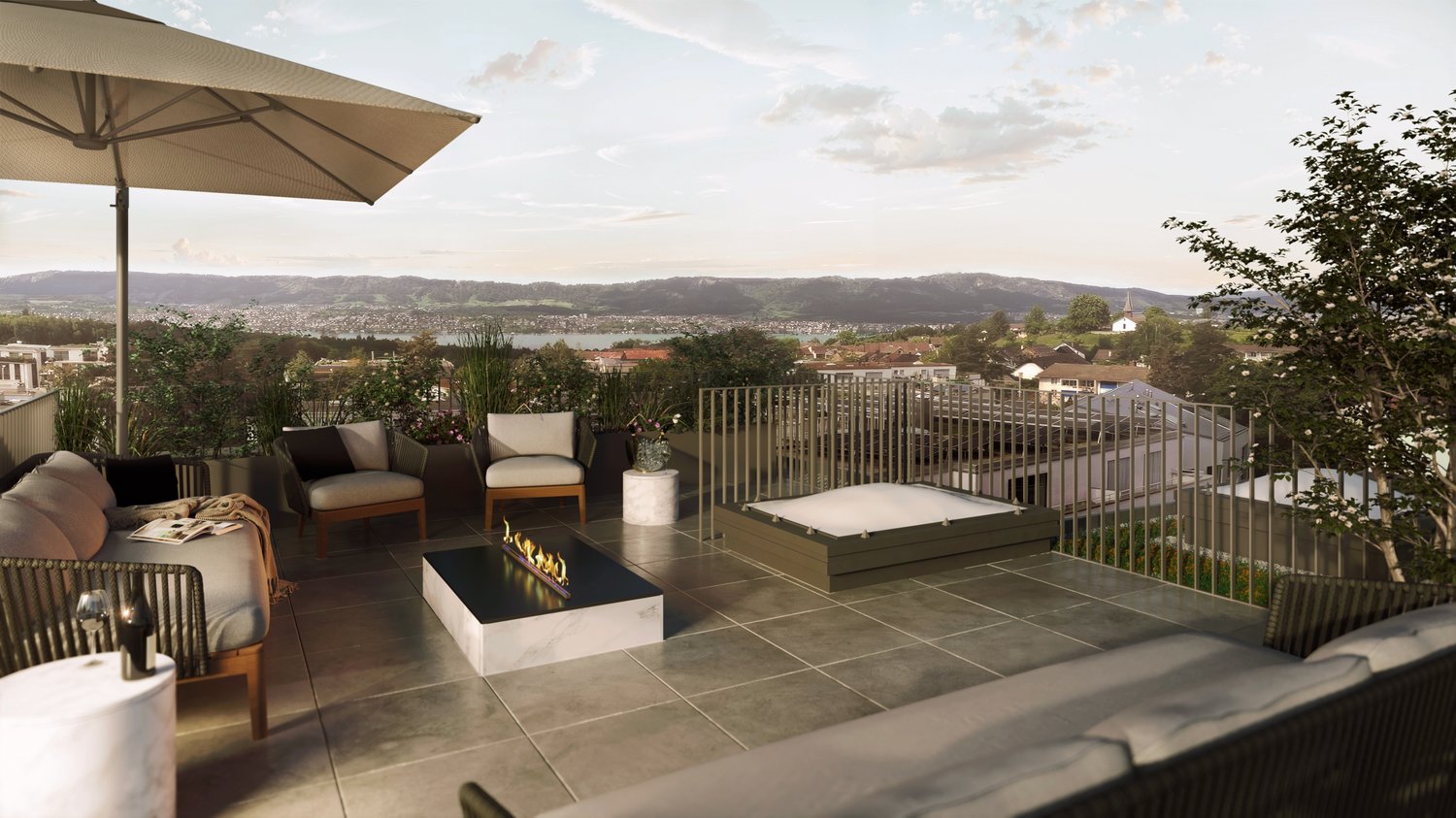modern design, large sofa, coffee table, fire pit, metal railing, large umbrella, beautiful mountain view