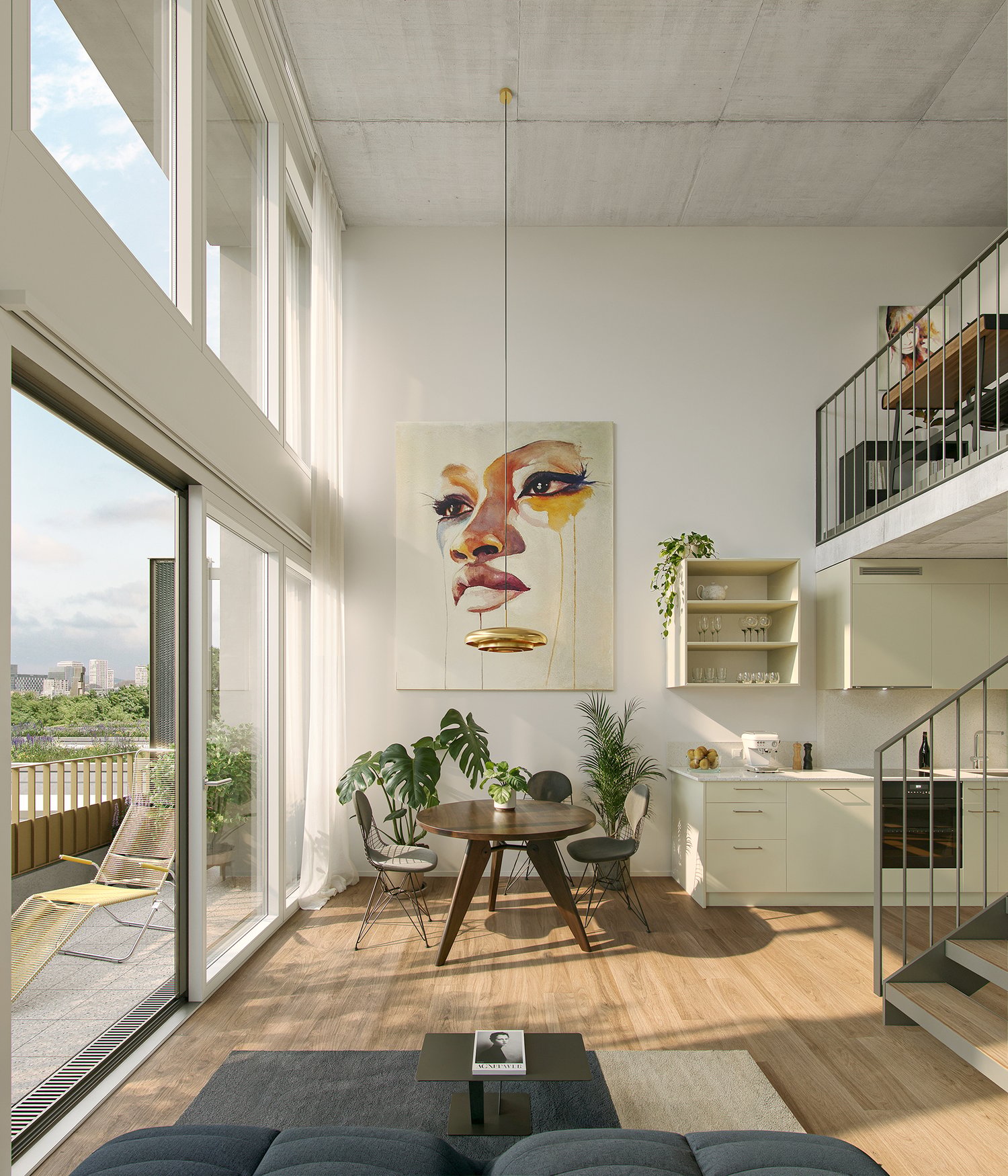 Minimalistic living room with large windows, round dining table, and a pendant lamp. The room also has a couch and a small table