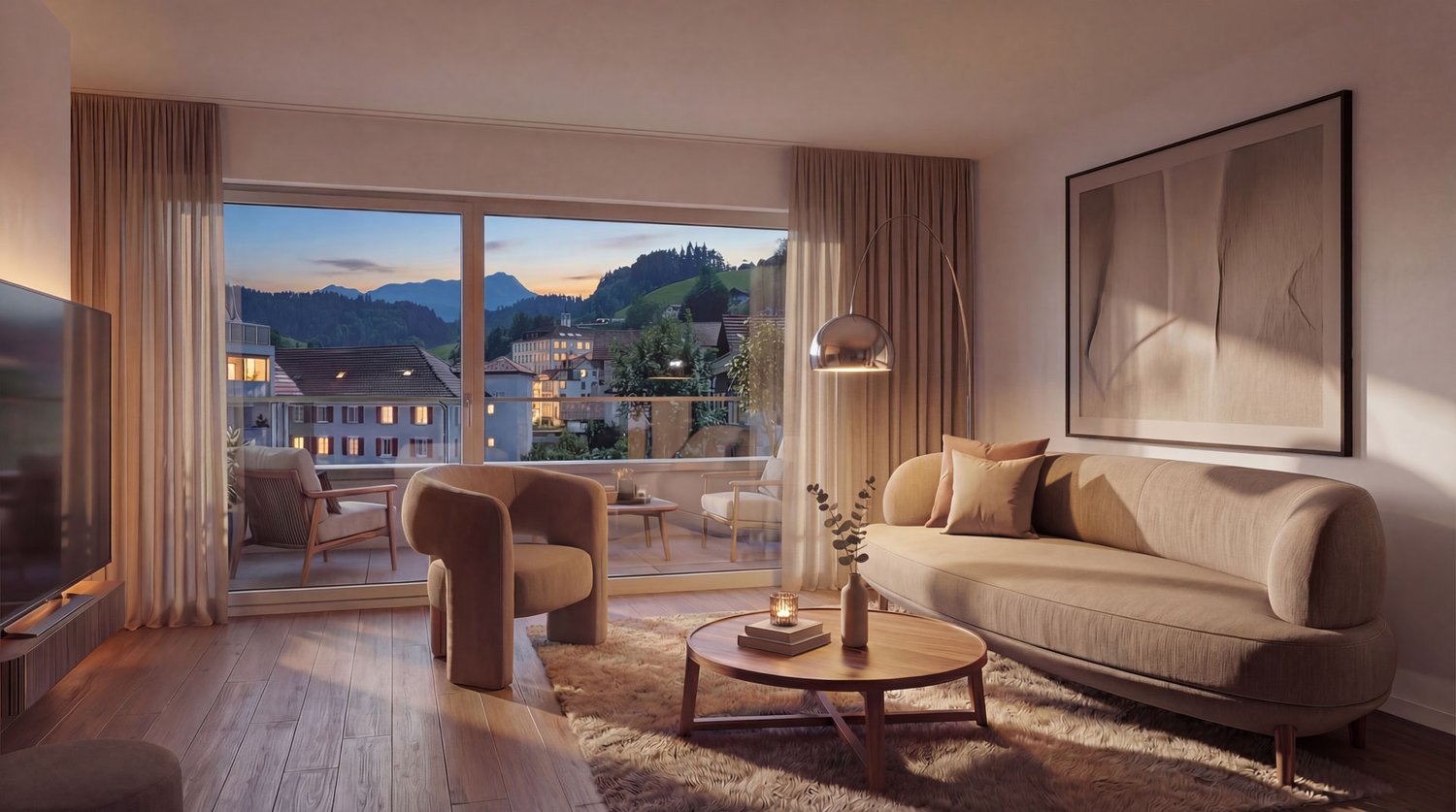 living room with large windows, couch, armchair, coffee table, floor lamp, TV, rug, picture frame