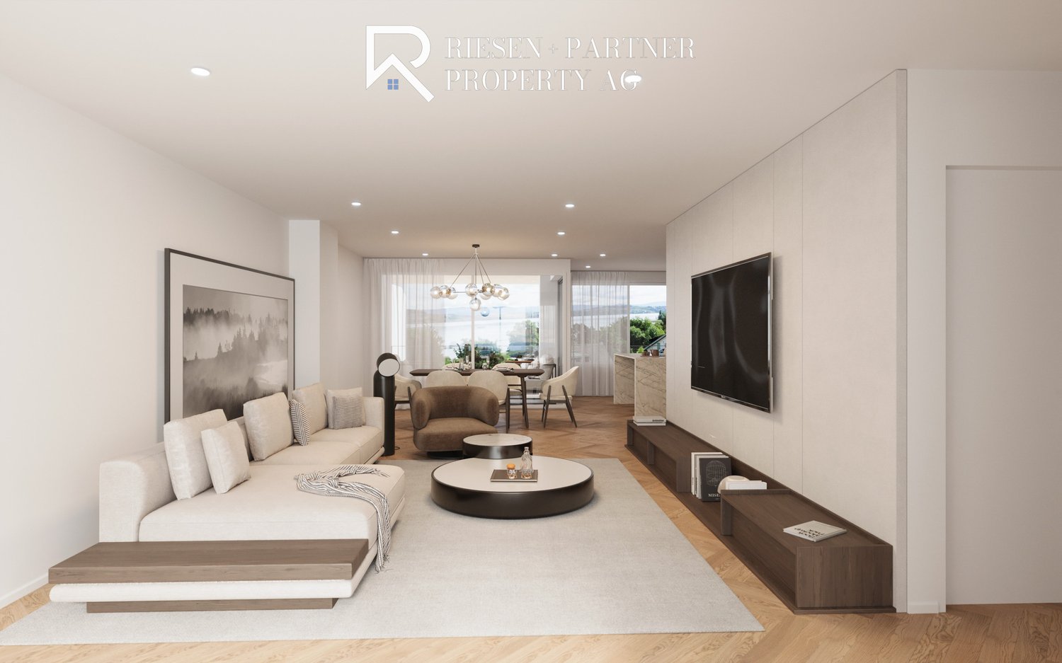 modern living room with white walls, wooden floor, large windows, couch, table, television