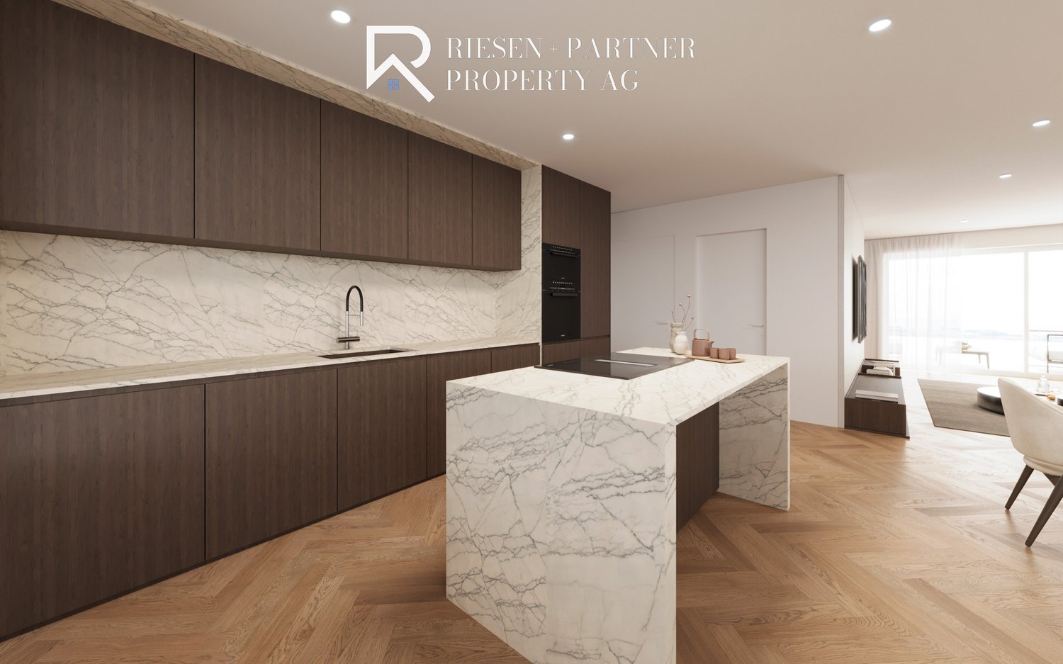 Central kitchen island, white marble countertops, dark wood cabinets, built-in appliances, hardwood flooring