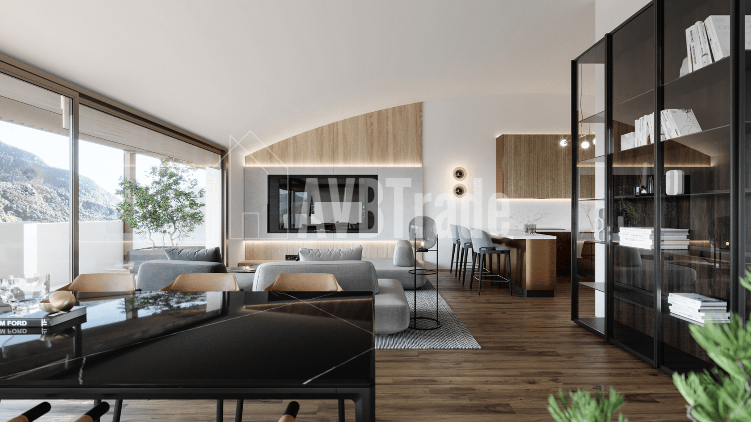 large windows, wooden floor, open concept kitchen, balcony, comfortable seating