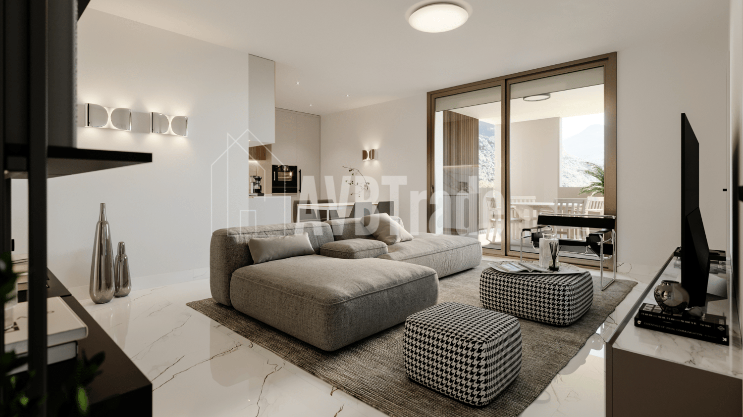 modern interior, large sofa, carpet, stools, dining table, kitchen in the background, sliding glass door to balcony