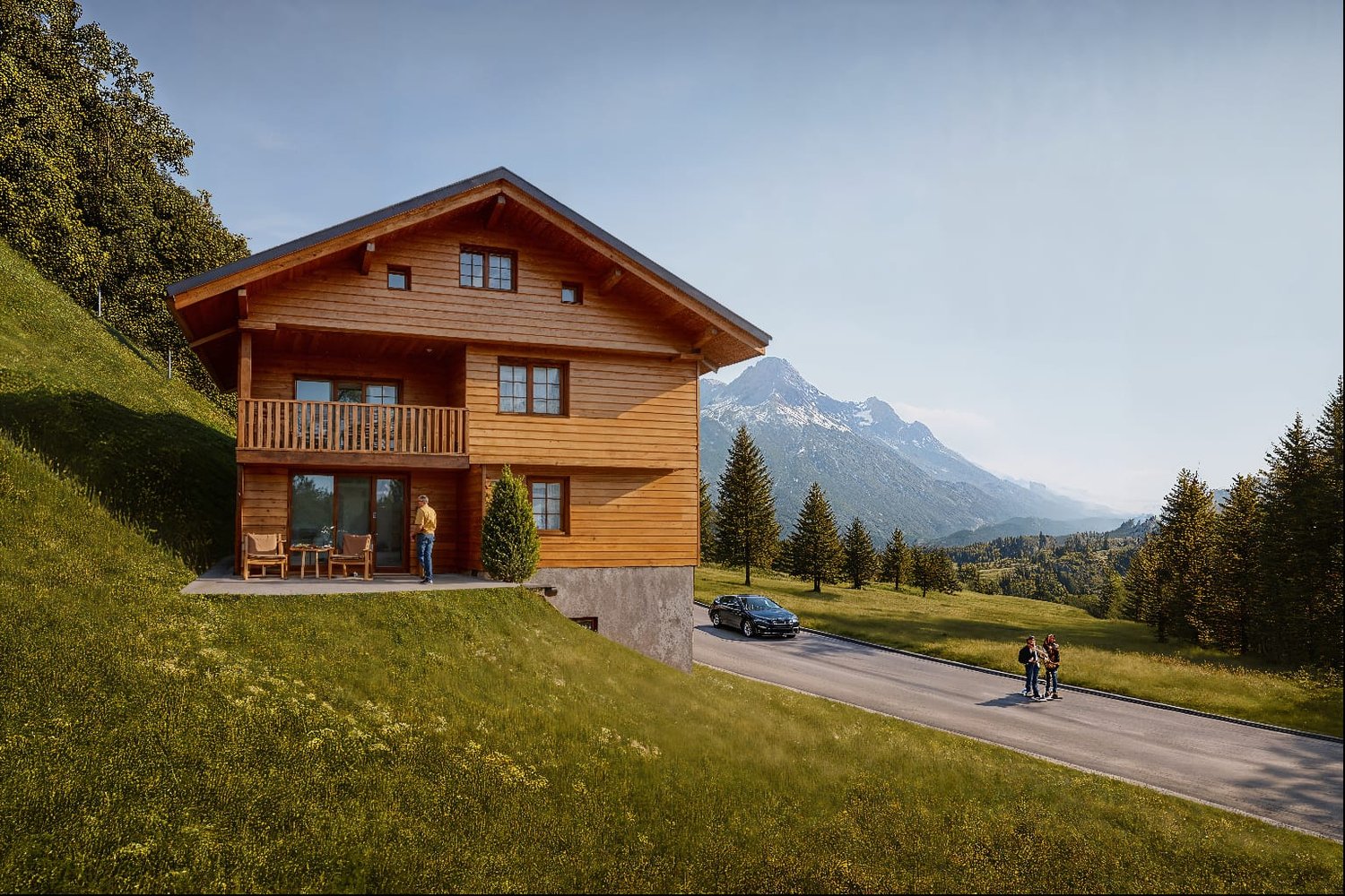 wooden house, on hill, with terrace, mountain view, driveway, parked car