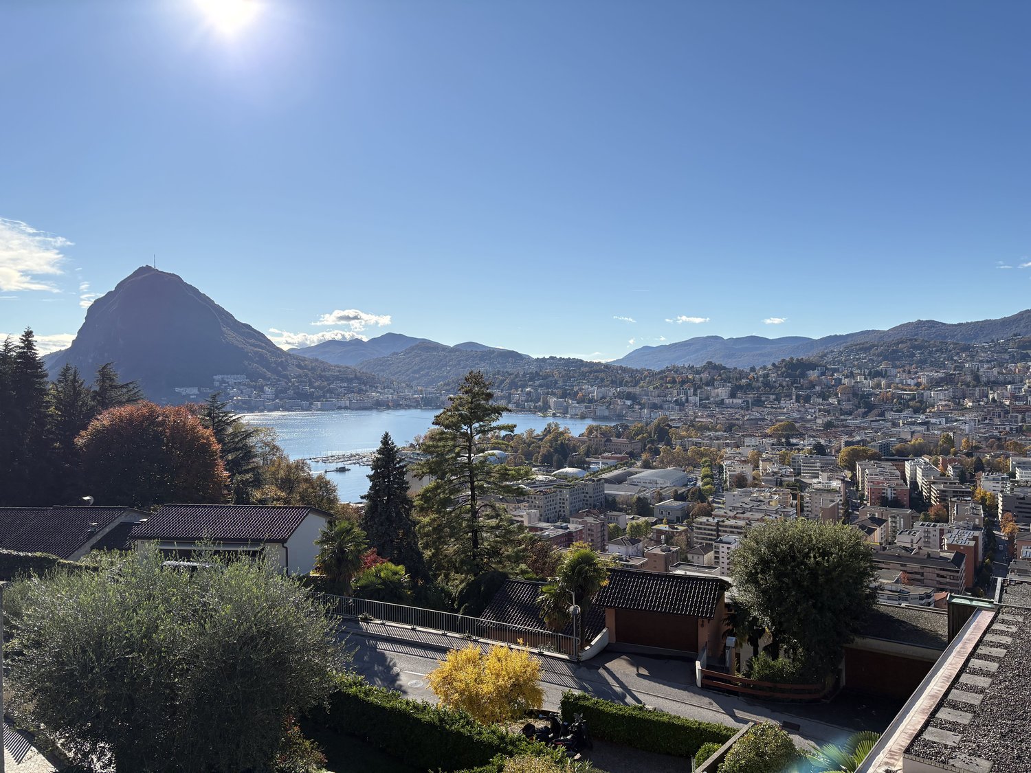 Aerial view of a town with mountains, a lake, and buildings