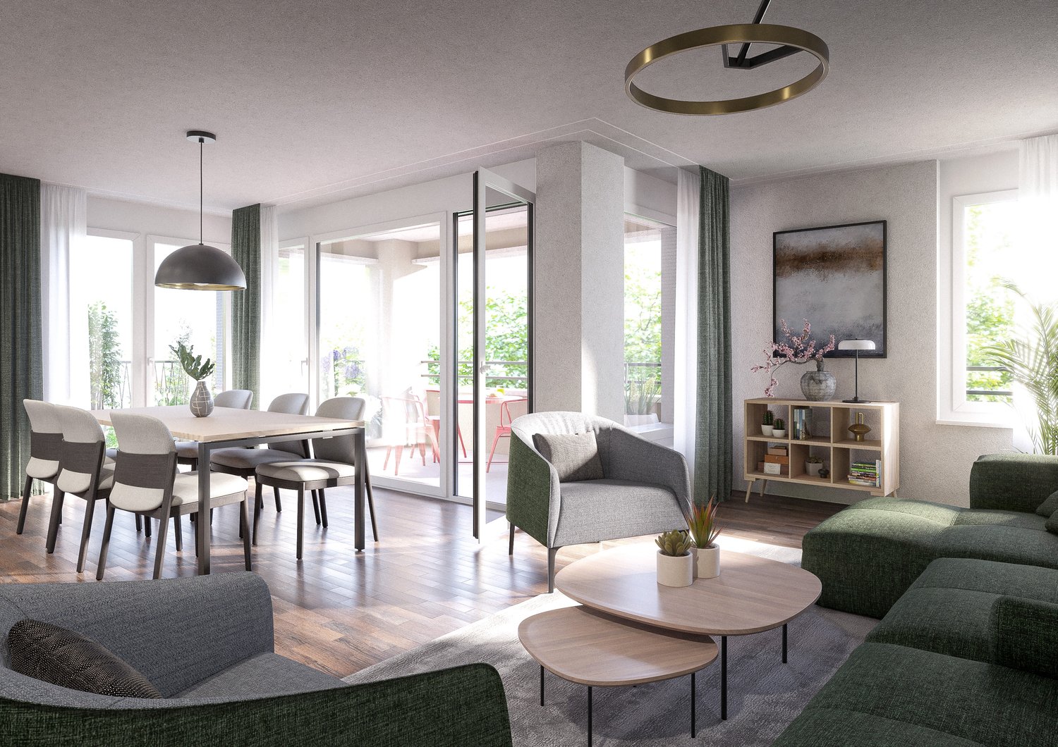 dining area with wooden table and chairs, glass doors, green sofa, coffee tables, floor lamp, art piece, potted plants