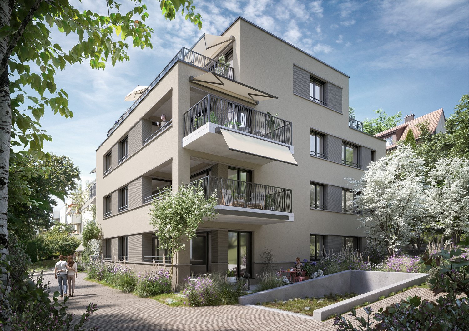 3 story building, balconies, plants, paved walkway, garden