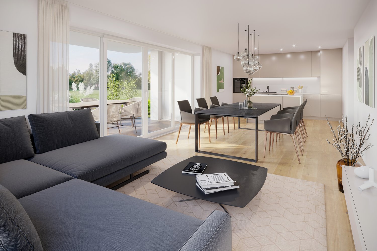 modern living room with large windows, gray sofa, black coffee table, dining table with chairs, kitchen with modern appliances, chandelier