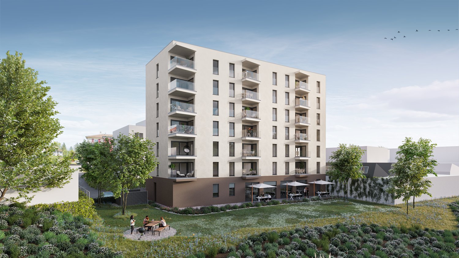 modern apartment building, several floors, multiple balconies, open courtyard, greenery, barbecue, and seating areas with umbrellas