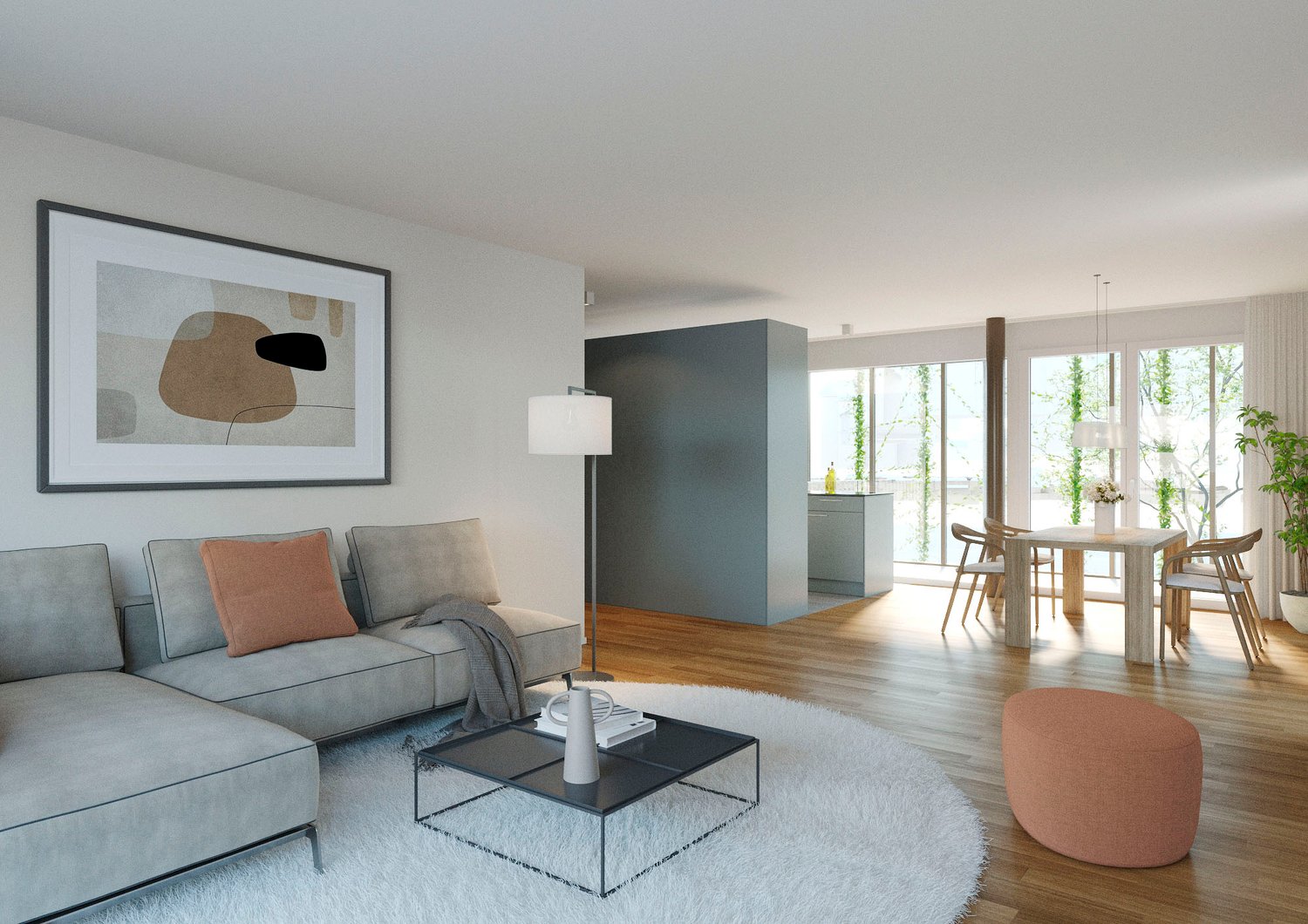 Modern living room with sofa, coffee table, center light, rug, painting, dining table, chairs, windows, kitchen, plant