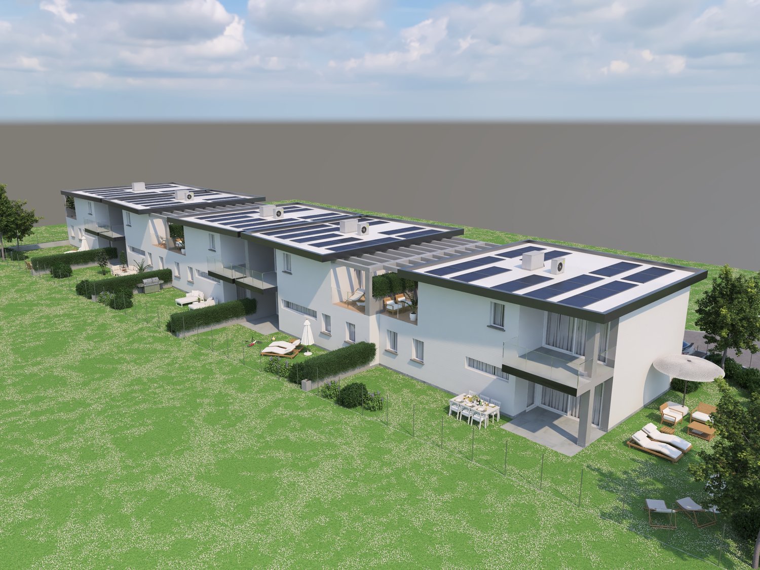 3 story apartment building, white exterior, solar panels on the roof, balconies, garden, outdoor seating