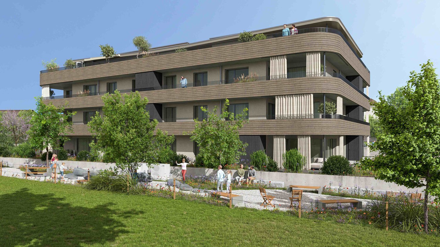 Modern apartment building with multiple balconies, landscaped garden, and outdoor seating areas