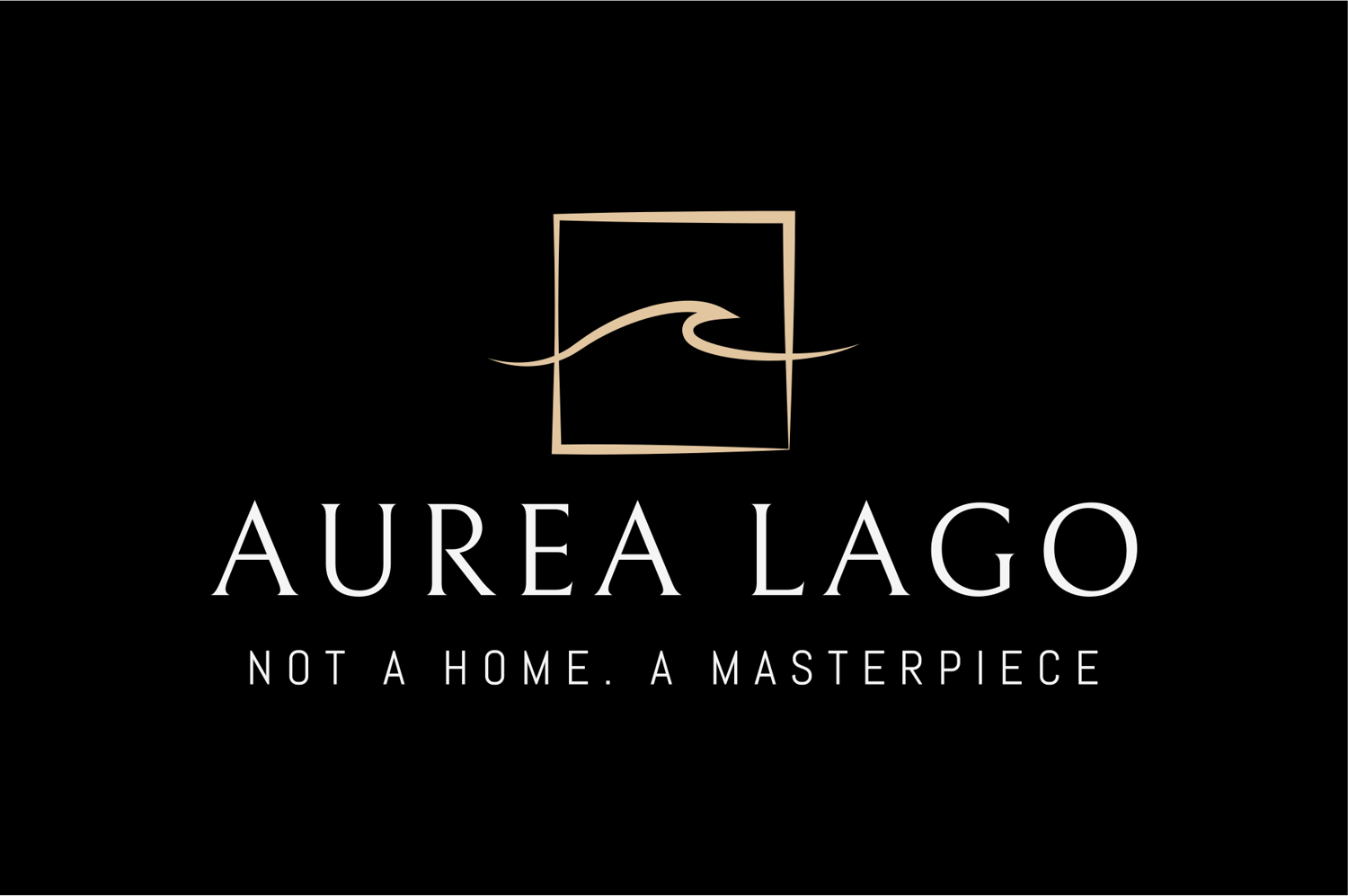 Black background with gold-trimmed logo reading 'Aurea Lago' with a wave-like motif and a tagline 'Not a home. A Masterpiece.'