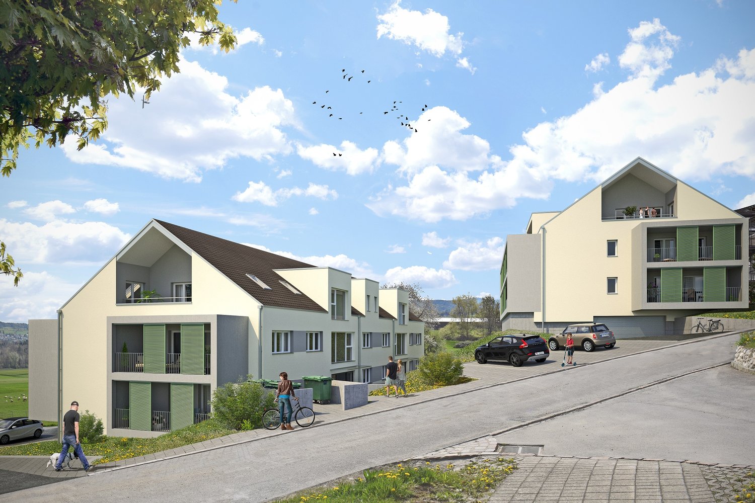 The image shows a residential development with several multi-story apartment buildings. The buildings have a modern, minimalist design with a mix of light and dark colors. There are parking spaces visible in front of the buildings, and people can be seen