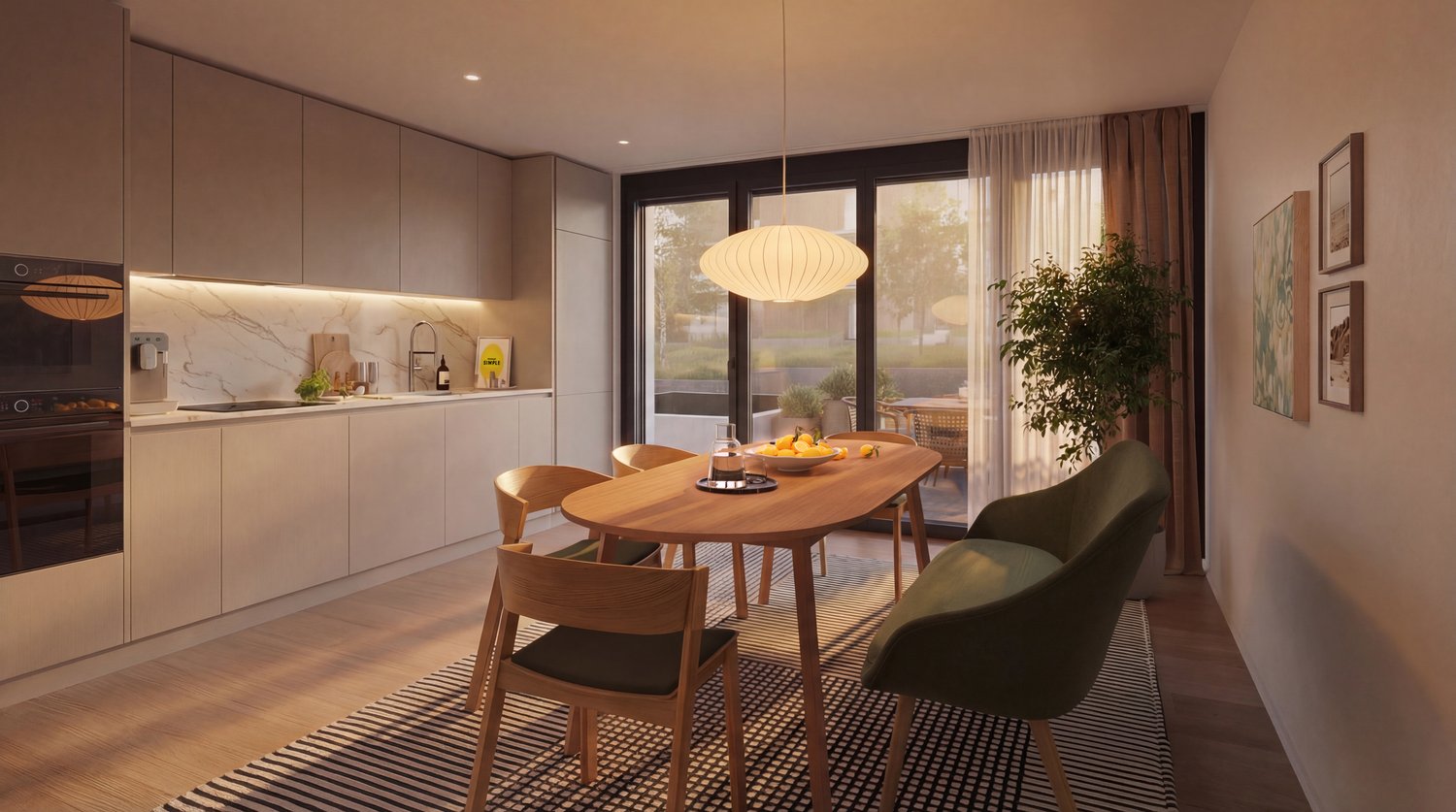 modern dining room with wooden table and chairs, sliding glass doors, open kitchen, pendant light, wall pictures, small plant