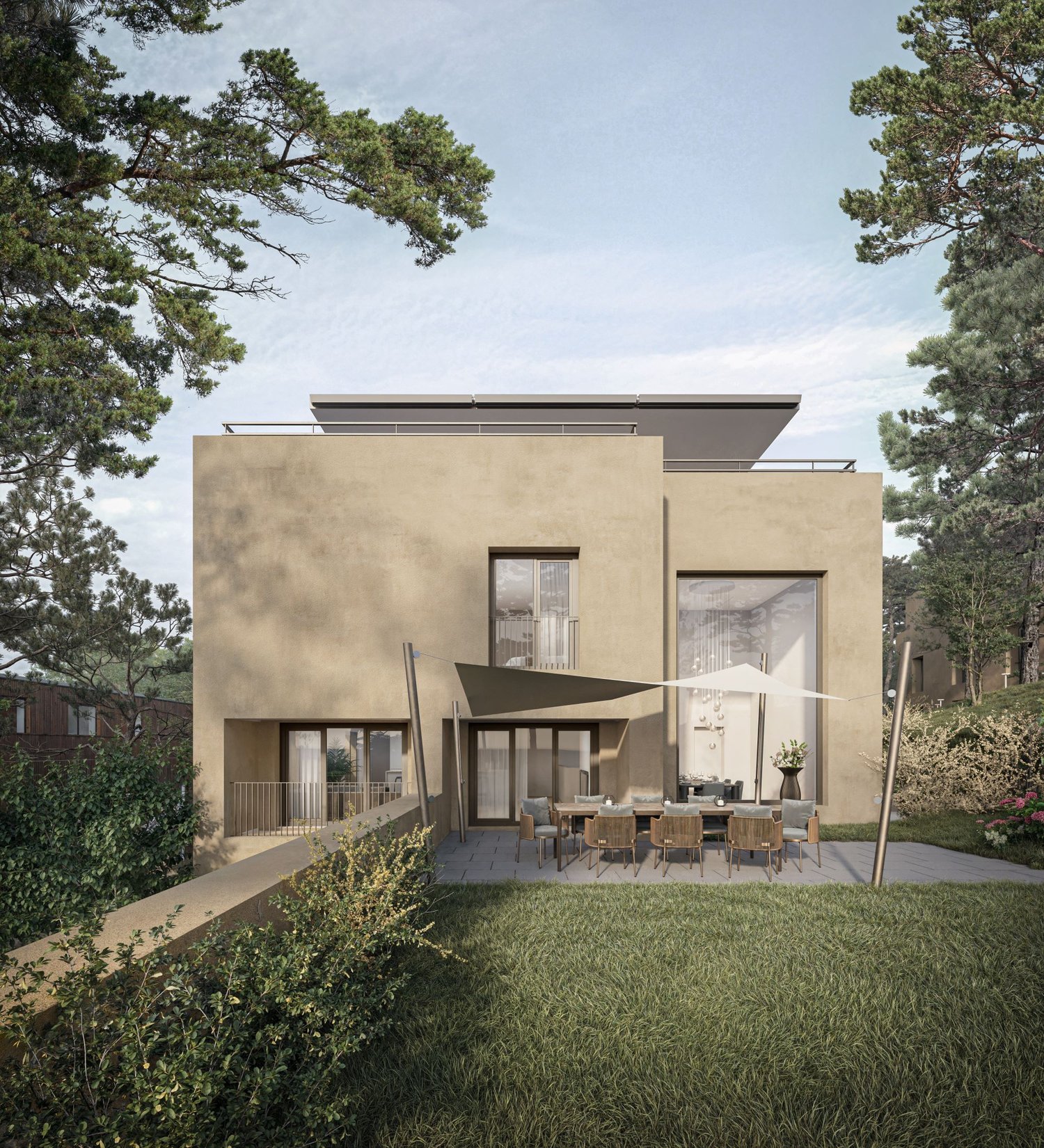 modern style house, multiple glass windows, beige walls, outdoor dining table, green lawn, terrace, trees in background