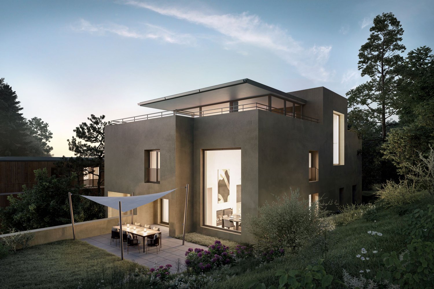 modern style house, gray exterior, large windows, terrace with dining area, lush garden, elevated position